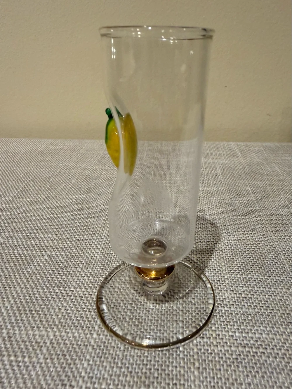 Vintage Art Glass Footed Cordial Glass Lemon Motif Gold Trim 4.5